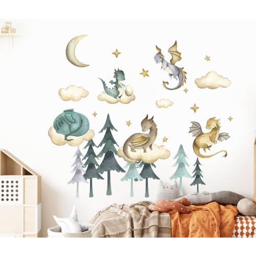 Dragon Watercolor Wall Decal Kids Nursery Room Forest Wall Decor Cute Dragons Wall Stickers Art Room, Baby Gift Peel and Stick