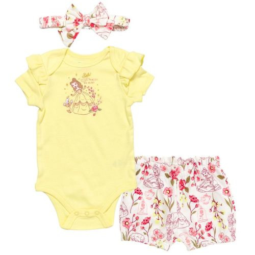 Disney Princess Belle Floral Newborn Baby Girls Bodysuit French Terry Bubble Shorts And Headband 3 Piece Outfit Set Yellow 0-3 Months