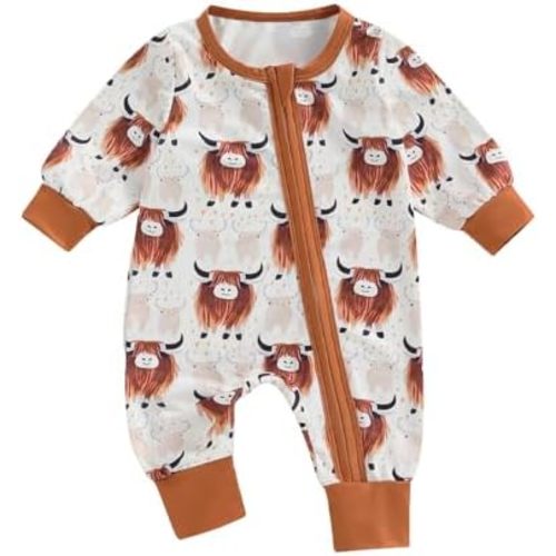 Western Baby Girl Boy Clothes Long Sleeve Cow Print Zipper Jumpsuit Romper Bodysuit One Piece Fall Winter Outfit