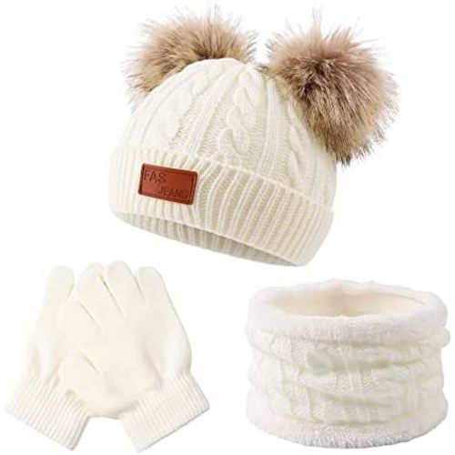 Yuoahcn Kids Winter Beanie Hat Scarf Gloves Set Knit Warm Toddler Winter Cap Gloves Neck Warmer for Boys Girls 1-8 Year