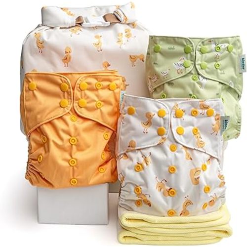 Kinder Cloth Diapers Reusable Baby Diapers Pocket Style Athletic Wicking Jersey, Bamboo Viscose Inserts, Wet Bag, Newborn to Potty Training 7-60lbs, One Size (Just Ducky, 3 Pack, with Inserts)