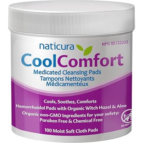 CoolComfort Personal Cleansing Pads with Organic Witch Hazel and Aloe Vera - All-Natural and Fast Acting Wipes for Hemorrhoid Burning, Itching, Pain and Swelling - 100 Pads - No Parabens