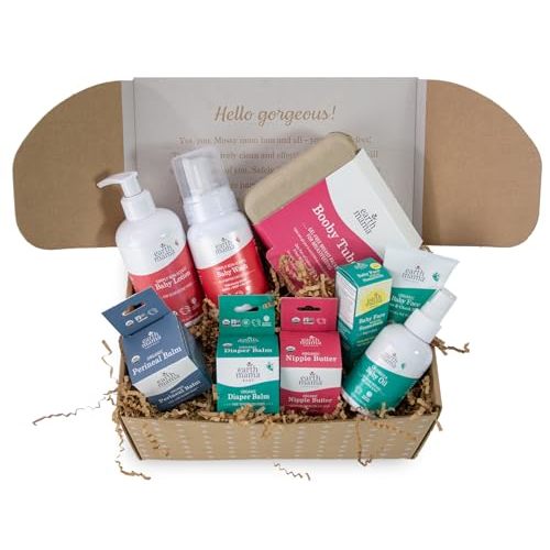 Earth Mama's Mama & Baby Gift Set | Breastfeeding & Postpartum Essentials, Skin Care Gifts for Mom & Newborn, Baby Lotion & Wash, Baby Oil, Sunscreen, Balms, Nipple Butter, Tea and Booby Tubes, 9 pcs