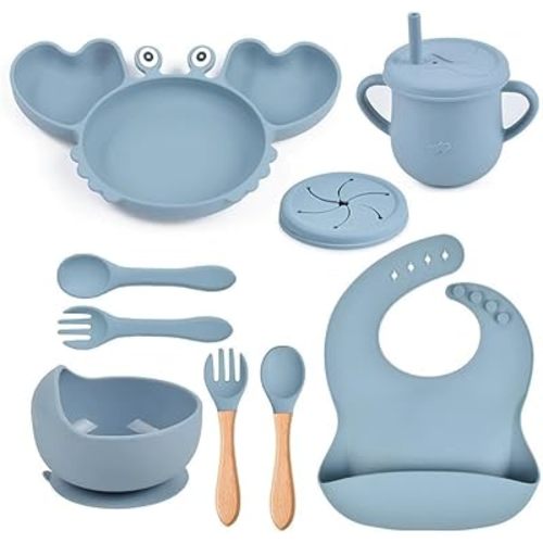 Silicone Baby feeding set |10 Pcs Premium BPA-Free,Baby Lid Weaning Supplies with Suction plate and Bowl Set,Toddler self feeding Utensils with Spoons,Forks,Bib,Cup|Baby feeding essentials for6+Months