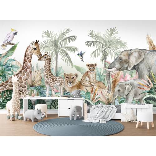 NEW! Peel and Stick Jungle Safari Animals Nursery Baby Removable and traditional Wallpaper - Lion Cub Elephant Giraffe Parrot