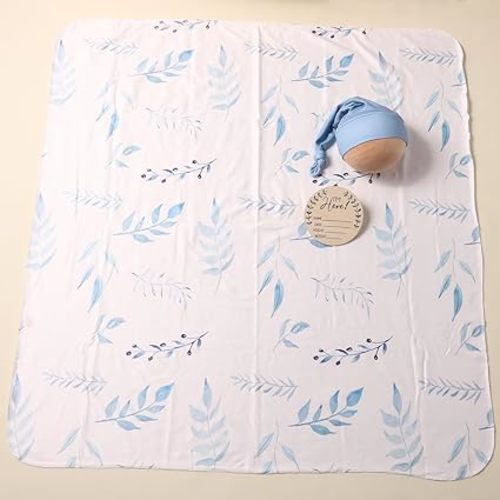 Baby Swaddle Blanket and Headband Set, Newborn Receiving Blanket Swaddle Wrap for Girls and Boys, Swaddling Blankets Neutral for Newborn, Soft and Skin-Friendly 32 * 32 inches (Blue Leaves) - Blue leaves