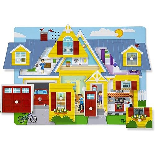 Melissa & Doug Around the House Sound Puzzle - Wooden Peg Puzzle with Light-Activated Sound Effects (8 pcs) Chunky Puzzles, Wooden Knob Puzzles For Toddlers Ages 2+