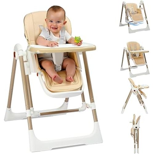 Ktaxon Folding Baby High Chair, Adjustable Height Highchair with Backrest, Dual-Layer Tray and 5-Point Safety Harness for Toddlers & Babies, Beige