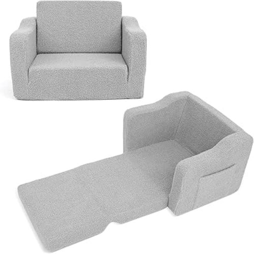 Toddlers Chair for Kids, Soft Teddy Style Kids Chair Comfy, Convertible Sofa to Lounger for Girls and Boys (Gray)