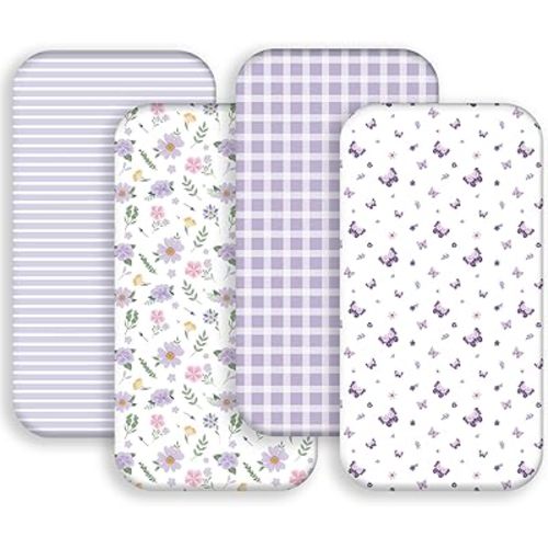 4 Pack Butterfly Baby Crib Sheets for Baby Girls Purple Crib Fitted Sheets for Standard Size Crib and Toddler Mattress Soft and Breathable (Bassinet)