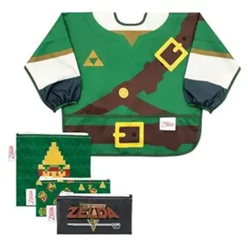 Bumkins Nintendo The Legend of Zelda Sleeved Bib and Snack Bag Set – Waterproof Feeding Bib for Ages 6–24 Months and Reusable Sandwich and Snack Bags for Kids 3+