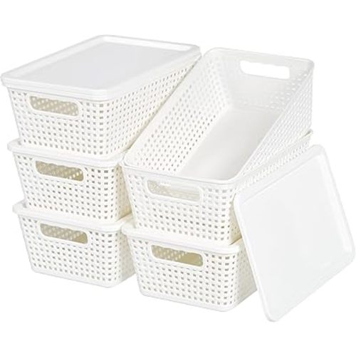 Plastic Storage Baskets With Lid, Storage Bins for Organizing, Stackable Decorative Containers for Shelves Drawers Desktop Closet Playroom Classroom Office, 6 Pack- White