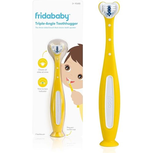 Frida Baby Triple-Angle Toothhugger Training Toddler Toothbrush, Easter Basket Stuffer for Kids, Toddler Toothbrush 2+, Soft Bristles, Suction Cups, Three Sided, Cleans All Sides at Once, Yellow
