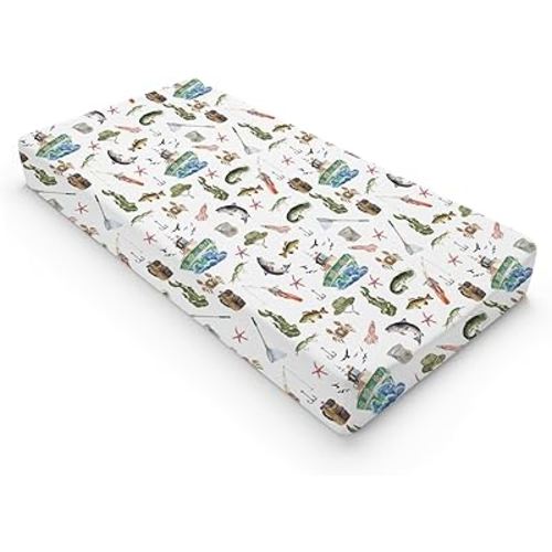 Watercolor Ocean Boat Fishing Baby Changing Pad Cover for Boy Girl 32''x16'' Fishing Lovers Gift Unisex Fitted Diaper Change Table Sheets Sea Marine Fishing Soft Breathable Nursery Changing Table Mat