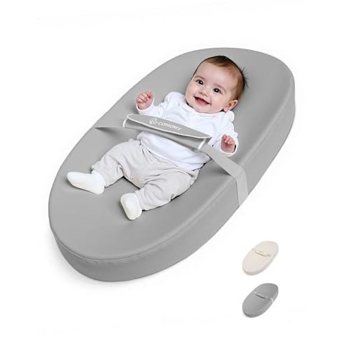 COMOMY Baby Changing Pad with Wipeable & Waterproof PU Cover, Contoured Diaper Changing Pad for Dresser with Non-Slip Safety Belt, Portable and Lightweight, Large Cushioned Foam, Light Grey