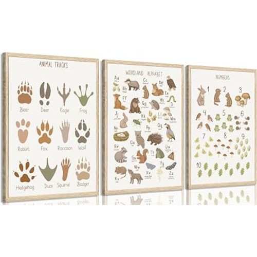 3PCS Animals Tracks Canvas Wall Art ABC Alphabet Numbers Educational Posters Print Artwork Nursery Toddler Learning Painting Pictures Wall Decor for Classroom Kids Home Decoration 16x24in Unframed