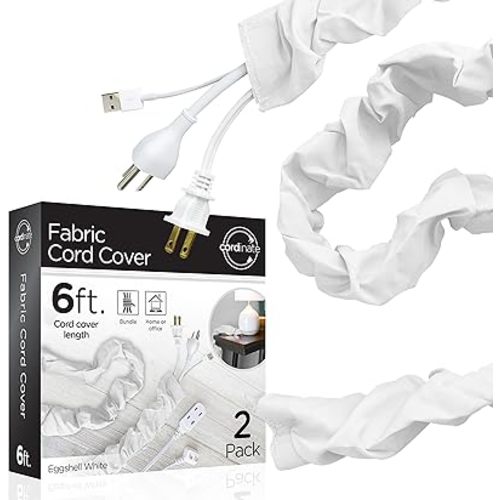 Cordinate Fabric Cord Cover 2 Pack, 6 Ft, Cable Management and Hider, Easy Installation, Great for Lamps, Light Fixtures, and Desks, Eggshell White, 48656