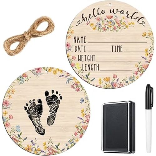 Thyle Baby Announcement Wooden Name Sign for Hospital Birth Double Sided Newborn Welcome Sign with Marker Pen and Ink Pad for Baby Shower Hand Footprints (Wildflower)