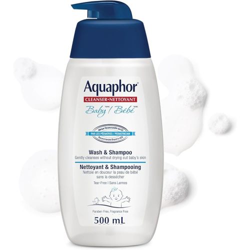 Aquaphor Baby Wash & Shampoo for Baby's Sensitive Skin, Hypoallergenic, Tear Free Baby Shampoo and Body Wash, Enriched with Provitamin B5, Fragrance Free, Recommended by U.S. Pediatricians, 500mL