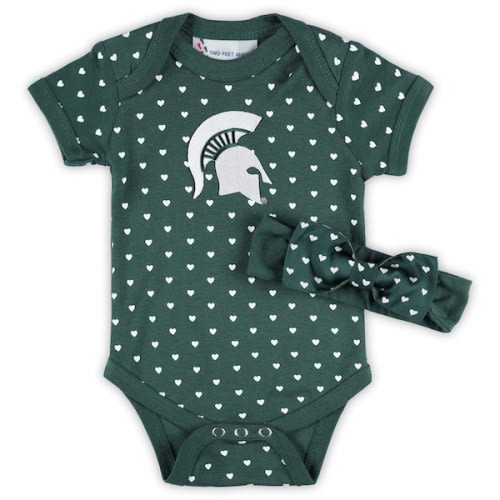 Girls Newborn & Infant Two Feet Ahead Green Michigan State Spartans Hearts Bodysuit & Headband Set