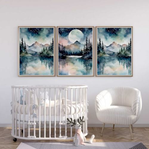 Mountain Nursery Decor Night Sky | Set of 3 Watercolor Nursery Prints - Etsy