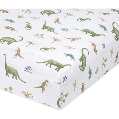aden + anais Essentials Classic Crib Sheet, 100% Cotton Muslin, Super Soft & Breathable, Tailored Snug Fit, Dino Jungle