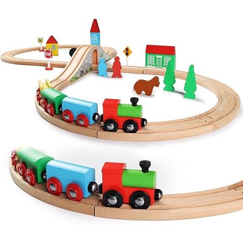 SainSmart Jr. Wooden Train Set Toy with Double-Side Train Tracks, 4 Magnetic Train Cars and Wooden Bridge Railway Set for Toddlers, 37 PCS