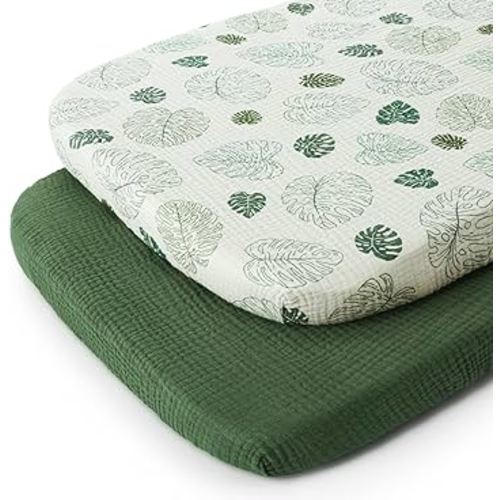 Muslin Bassinet Sheet for Baby Boy and Girl, Ultra Soft Bedside Bassinet Sheets Fitted for Oval, Rectangle and Hourglass Mattress Pad, 2 Pack (Monstera Leaves&Dark Green)