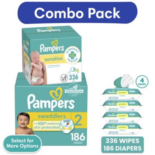 Pampers Swaddlers Diapers, Size 2, 186 Count and Pampers Sensitive Baby Wipes Unscented, 4 Pack, 336 Total Count