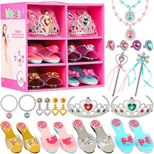 Princess Jewelry Boutique Dress Up & Elegant Shoe(4 Pairs of Girls Heels Shoes),Role Play Fashion Accessories of Crowns, Necklaces, Bracelets, Rings,Girls Beauty Gift Toys for Age 2 3 4 5 6 Year Old