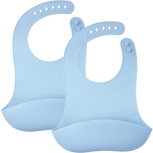 Mombella Baby Bibs, Silicone Bibs For Babies 6 Months Up With Adjustable Neck Strap 6 M+, Waterproof Soft Toddler Bibs For Boys Eating, Non-Toxic Feeding Bib Essentials, Blue, 2 Pack