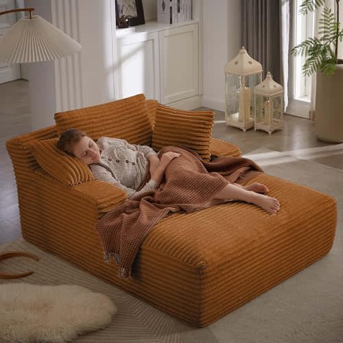 GNIXUU Oversized Chaise Lounge Chair Indoor, Comfy Fluffy Lounge Sofa Upholstered Sleeper Sofa Couch with Throw Pillows and Armrests, Corduroy Plush Chair Bed for Living Room, Orange