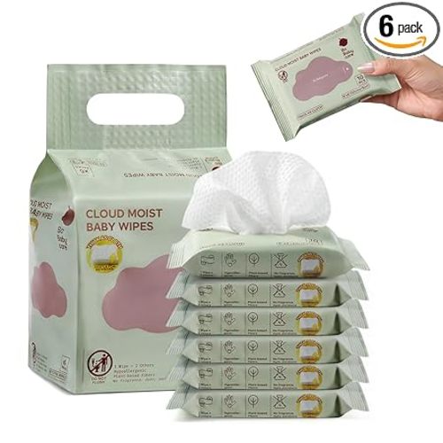 Bc Babycare Cloud Moist Baby Travel Wipes, 6 Pack, On The Go Pocket Size, Ultra Thick, 99% Water, Unscented, Hypoallergenic for Sensitive Skin, Biodegradable