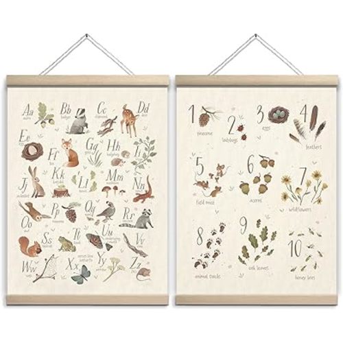 Woodland Alphabet Poster Nursery Kid Wall Art Woodland Wall Decor for Toddlers, Retro Numbers Animal Alphabet Chart Wall Decor for Playroom Nursery Classroom Hanging, ABC Posters Classroom Woodland Animals Decor 12x16