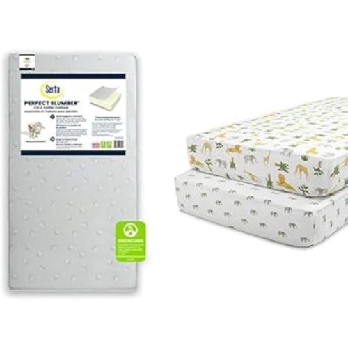 Delta Children Serta Perfect Slumber Dual Sided Recycled Fiber Core Crib and Toddler Mattress Fitted Crib Sheets for Girls and Boys (Pack of 2), Safari Friends (Bundle)