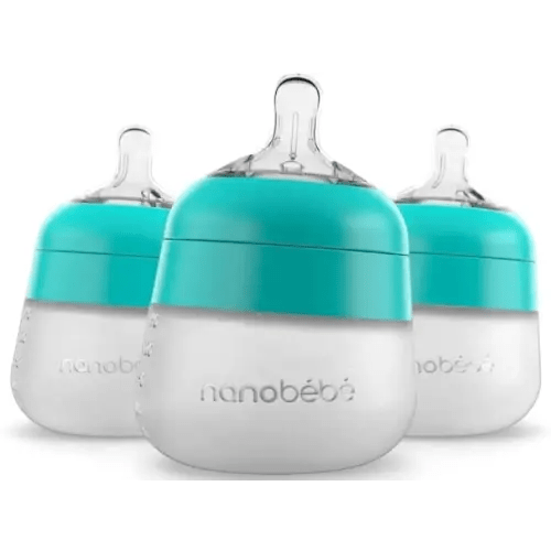Nanobébé Flexy Silicone Baby Bottle, Anti-Colic, Natural Feel, Non-Collapsing Nipple, Non-Tip Stable Base, Easy to Clean 3-Pack, Teal, 5 oz