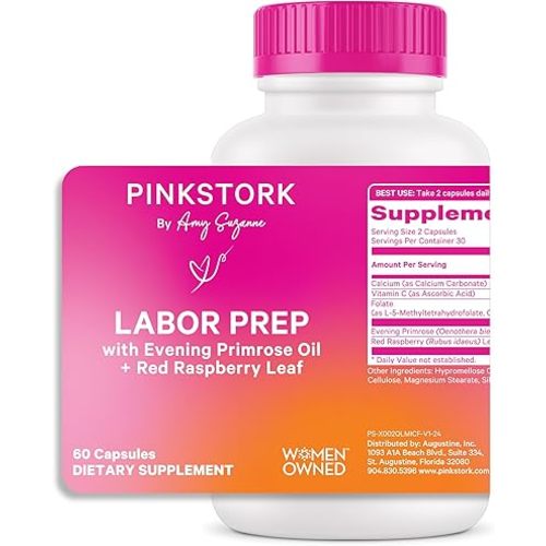 Pink Stork Labor Prep - Evening Primrose Oil Capsules with Red Raspberry Leaf Tea, Gentle Birth & Postpartum Care, Third Trimester Pregnancy Must Haves, 60 Capsules
