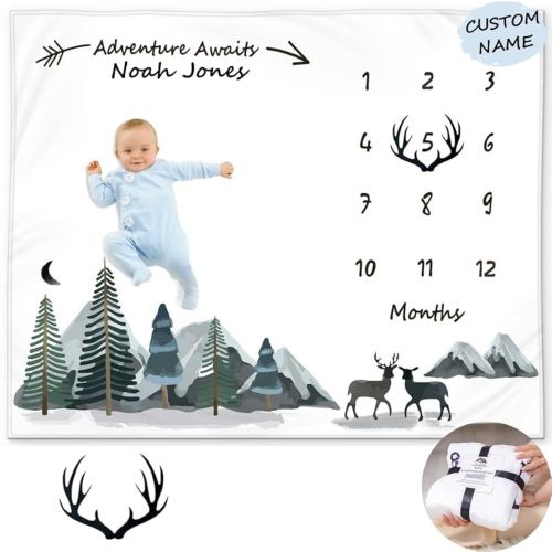 Custom Baby Boy Milestone Blanket – 50x40, Soft Fleece, Adventure Awaits Theme, Forest & Deer Design, Personalized Name, Monthly Growth Photos, Newborn Keepsake & Baby Shower