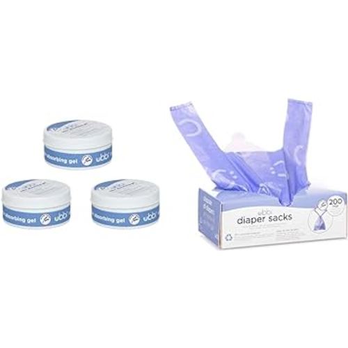 Ubbi Disposable Diaper Sacks, Lavender Scented, Easy-To-Tie Tabs, Diaper Disposal or Pet Waste Bags & Lavender Scented Absorbing Gel Value Pack - 3 Count Diaper Pail Odor Control for Baby Nursery