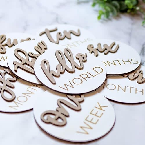 Wooden 3D Monthly Milestone Discs for Baby Photos (20 pcs Set), First Year Monthly Milestone Marker, Includes 1-5 Years, White Stained