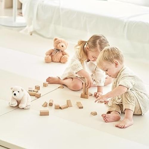 Secret1 Children Baby Playmat 1.6" Thick Non-Toxic Safe Foldable Reversible Water Resistant Stain Resistant Tummy Time Development Gym Mat Made in Korea 79" x 63" Ultra Size (Beige)
