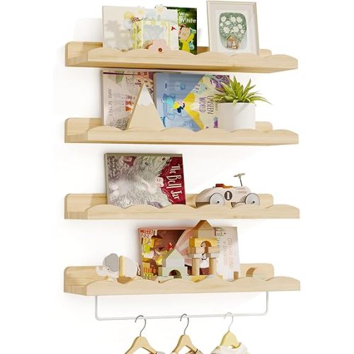 Fixwal Nursery Shelves, 16.5 Inch Floating Bookshelves for Wall Set of 4, Scalloped Wall Book Shelves with Towel Rack for Kids, Toddler Room, Baby Room, Nursery Decor and Storage(Natural Wood)