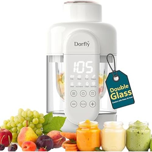 Baby Food Maker Glass Baby Steamer and Blender Glass Reservoir and Bowl 12oz Food Processor Puree Maker for Baby No Plastic Food Blender with 6 Stainless Steel Blades Self Clean, Timer, Recipe