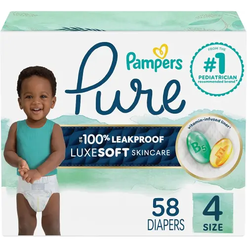 Pampers Pure Protection Baby Diapers, Size 4 (22-37 lbs), 58 Count, Up to 100% Leakproof, Premium Plant-based Skin Protection, Hypoallergenic Soft Diapers