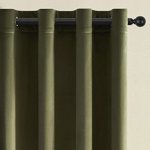 Topfinel Olive Green Velvet Blackout Curtains 84 Inches Long,Soundproof Room Darkening Dark Green Thermal Insulated Boho Elegant Moody Grommet Curtains for Living Room Bedroom 2 Panels