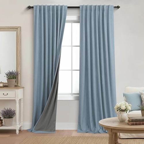 KOUFALL Dusty Blue Linen Blackout Curtains 84 Inches Length for Bedroom,Thermal Curtain for Summer Insulated, Black Out Farmhouse Back Tab Pleated Drapes 84 Inch Long 2 Panels Set, Stone Blue