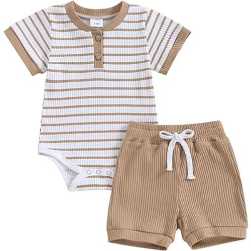 Newborn Baby Boy Girl Clothes Set Ribbed Short Sleeve Striped Romper Top Solid Color Shorts Sets 2Pcs Summer Outfits