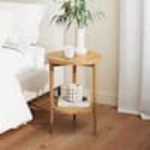 Nathan James Sonia 15 in. Light Brown Bohemian 2-Tier Round End Table in Light Wood With Rattan Storage Shelf 34201