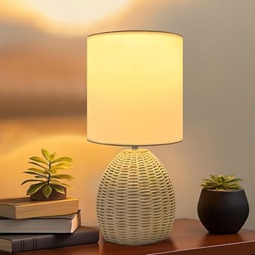 Boho Rattan Table Lamp Bedside - 3 Color Temperature Handmade Bamboo Woven Lamp for Nightstand Living Room (Original Color, 1 Pack)