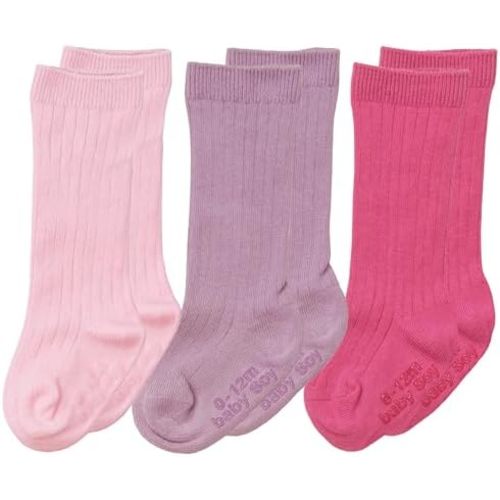 Babysoy Non-Slip Baby Girl & Boys Knee High Socks - Organic Cotton & Azlon Fiber - Newborn, Infant, Toddler - Set of 3